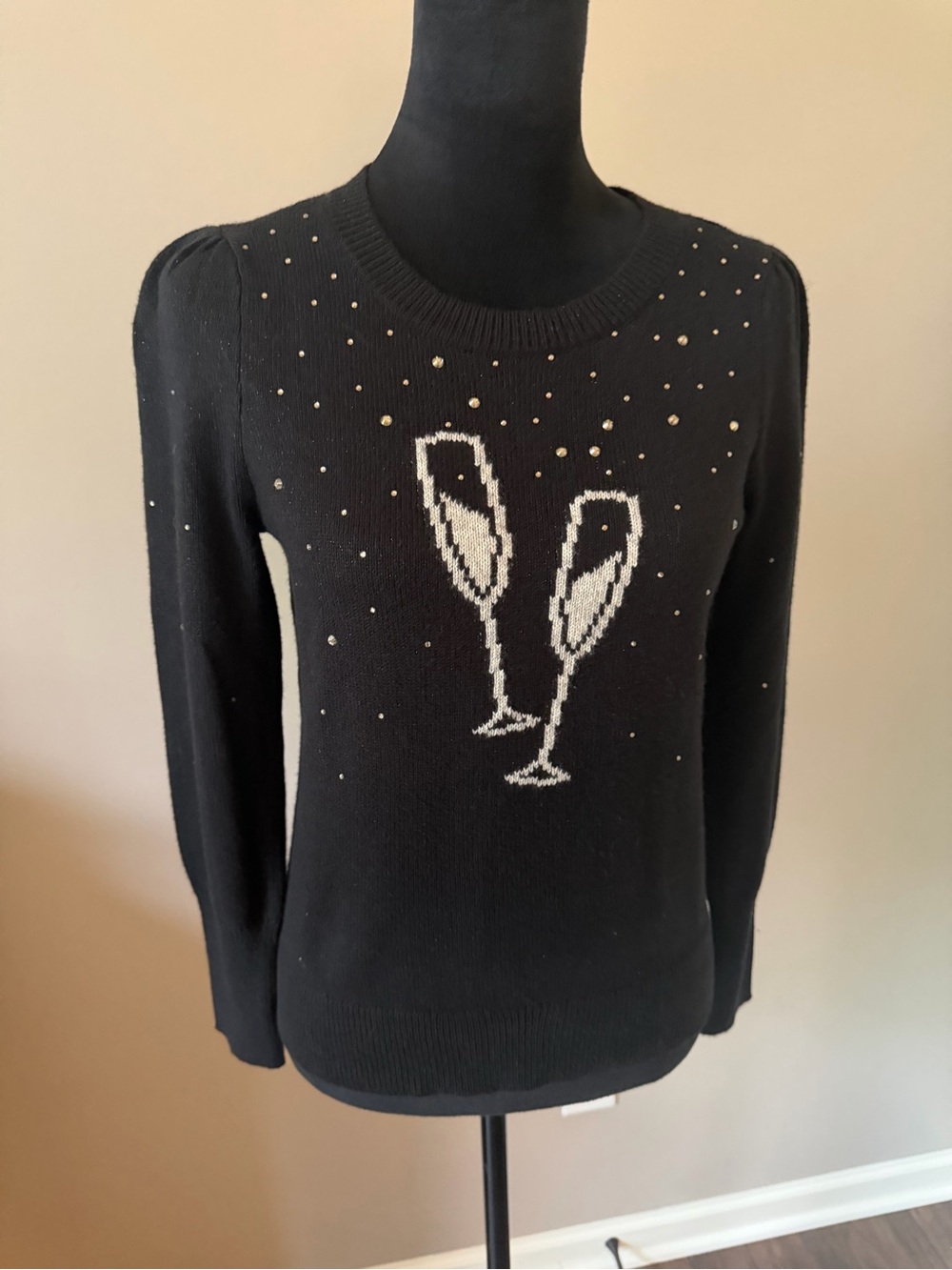 Talbots NEW Black Women's Sweater with White Champagne Glass Motif Petite SM